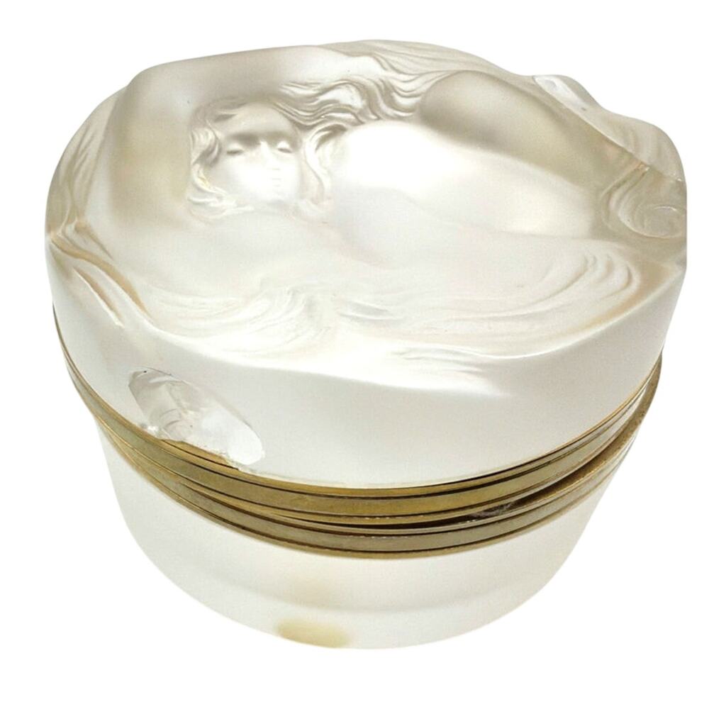 LALIQUE Of FRANCE Clear Frosted Crystal "DAPHNE" Powder Box with Nude, Retired
